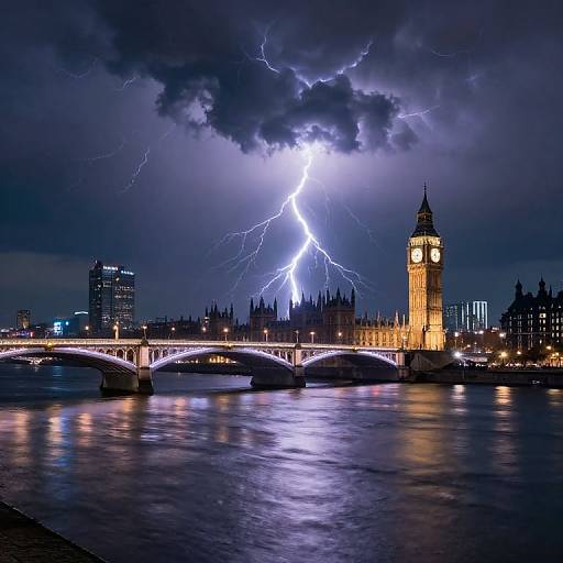 Photograph of London's Big Ben and Westminster Bridge illuminated by a bright, jagged lightning bolt in a stormy, dark night sky.