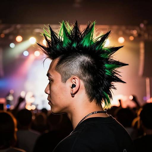 Photograph of a young man with spiky black and green hair, side profile, wearing a black shirt, ear piercing, and a crowd with colorful