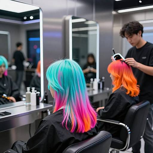 Photograph of a modern salon with two stylists cutting vibrant blue-to-pink and orange-to-red gradient hair on seated clients, under bright mirror lights