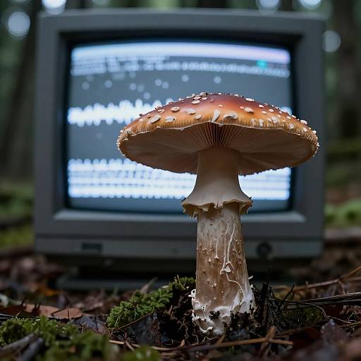 Photograph of a brown-spotted mushroom in a forest, with a blurred old-style TV screen in the background. Moss and leaves cover the forest floor