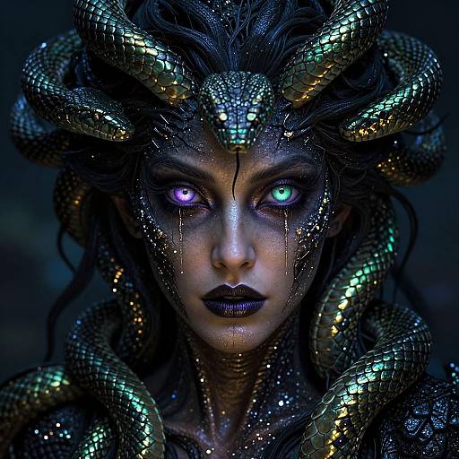Digital artwork of a dark, mysterious woman with glowing heterochromatic eyes, covered in iridescent snake-like scales, and wearing a glittering,