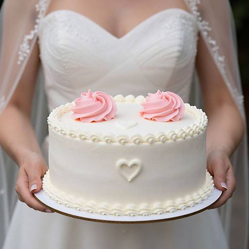 Photograph of a bride in a white wedding dress holding a white cake with pink roses, small heart decoration, and piped icing.