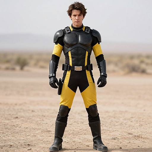Photograph of a serious young man in a black and yellow armored suit with shoulder pads and gloves, standing in a desert.