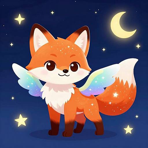 Cute, cartoon-style, orange fox with white chest and tail tip, blue wing-like markings, large black eyes, standing under a crescent moon