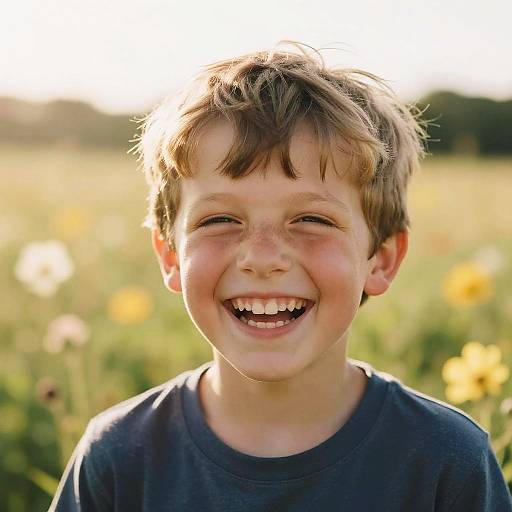 Laughing Boy in Sunlit Flower Field