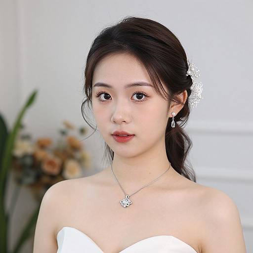 Photograph of an Asian woman with fair skin, dark hair in a ponytail, wearing a white strapless dress, silver necklace, and earrings,