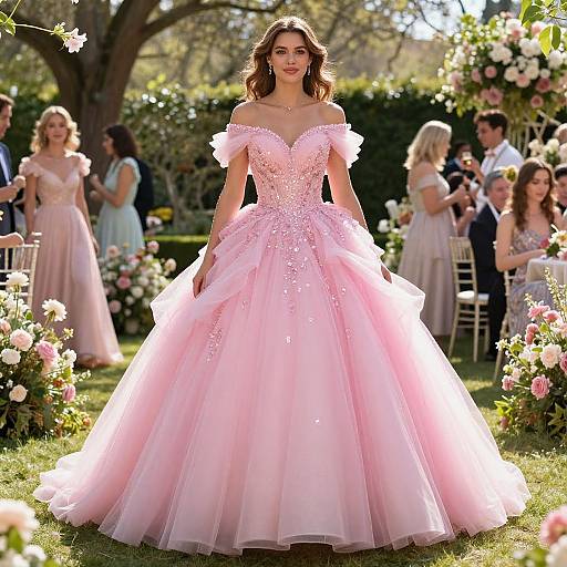 Photograph of a young woman in a sparkling pink off-shoulder ball gown with a full tulle skirt, standing in a sunlit garden at