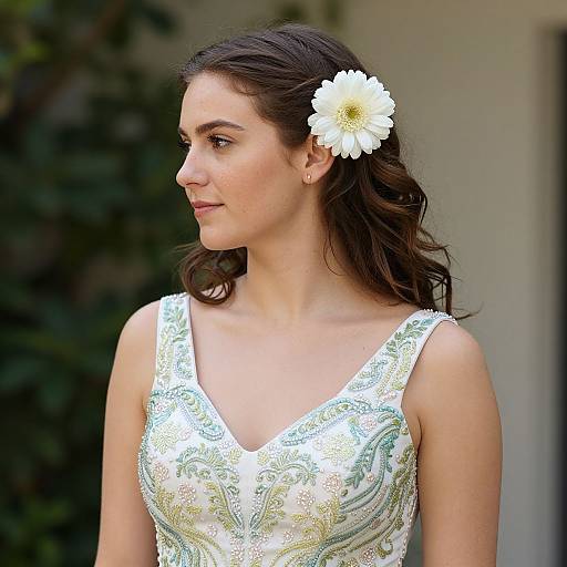 Photograph of a young woman with fair skin, dark wavy hair, and a white daisy in her hair, wearing a white, green-pattern