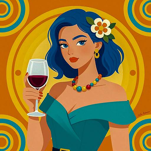 Woman with Blue Hair Holding Red Wine Glass