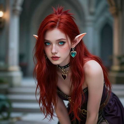 Digital art: Elf girl with long red hair, blue eyes, pointed ears, heart-shaped earrings, and choker, leaning forward in a medieval,