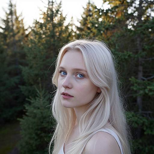 Photograph of a young, fair-skinned, blonde woman with blue eyes, wearing a white top, standing outdoors against a dark, tree-filled background