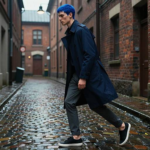 Photograph of a young man with vibrant blue hair, wearing a black trench coat, gray pants, and black sneakers, walking on a wet, cob