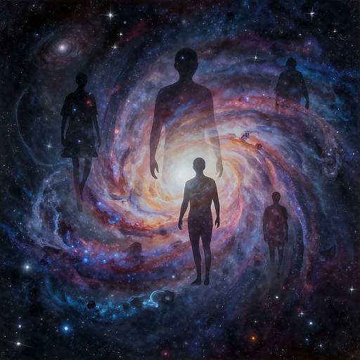 Digital art of silhouetted human figures floating in a vibrant, swirling galaxy with colorful nebulae and stars, creating a cosmic, ethereal