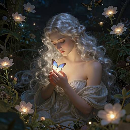 Digital painting of a fair-skinned, silver-haired woman holding a glowing blue butterfly amid dark, illuminated flowers, with an ethereal, enchanting glow