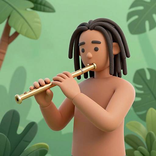 3D digital illustration of a shirtless person with black dreadlocks playing a golden flute in a green, tropical background with large leaves.