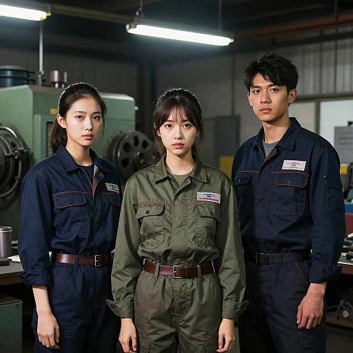 Photograph of three Asian workers in a dimly lit industrial workshop. Two in dark blue uniforms, one in green military-style attire, all with name