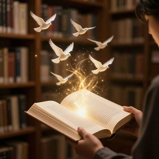Photograph of hands holding an illuminated open book, surrounded by glowing white doves, in a dimly lit library.