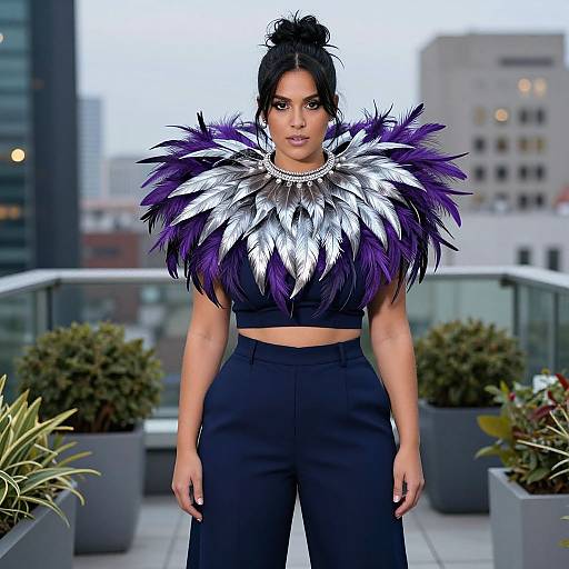 Photograph of a dark-skinned woman with black hair in a bun, wearing a silver and purple feathered crop top and black high-waisted