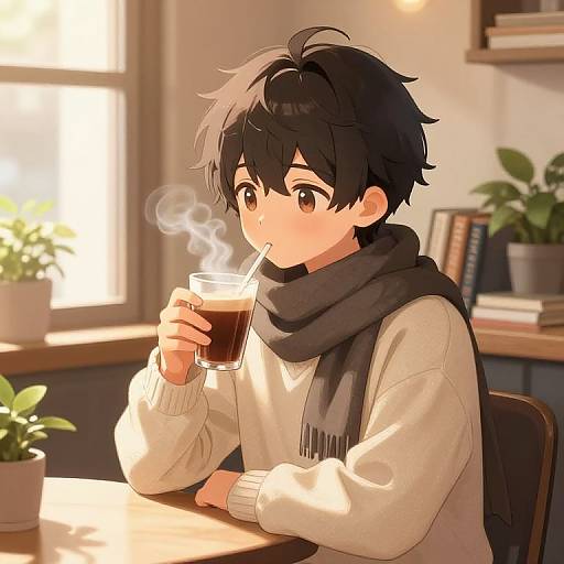 Anime-style digital drawing of a young boy with dark hair, wearing a white sweater and black scarf, sipping iced coffee in a sunlit,