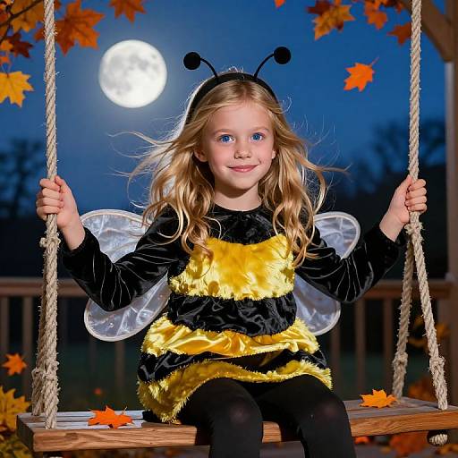 Photograph of a blonde, blue-eyed girl in a yellow and black bee costume with wings, sitting on a wooden swing at night, surrounded by autumn