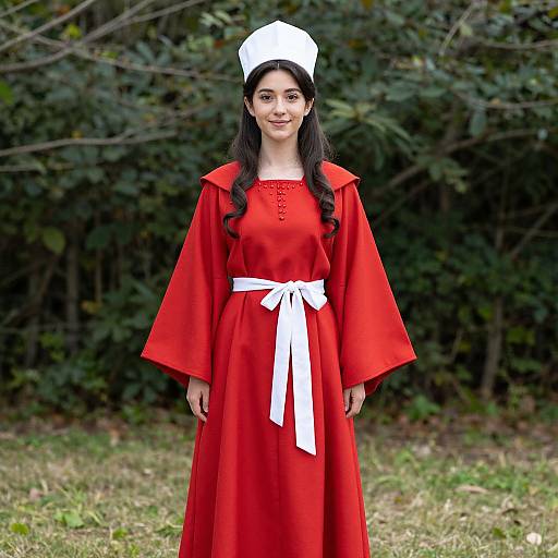 Photograph of a young woman with long black hair, wearing a red dress with white ribbon, white hat, and standing outdoors against a green leafy