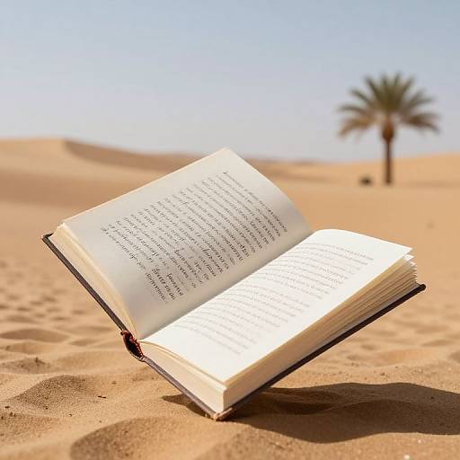 Photograph of an open book resting on sandy desert ground, with a single palm tree in the blurred background under clear blue sky.