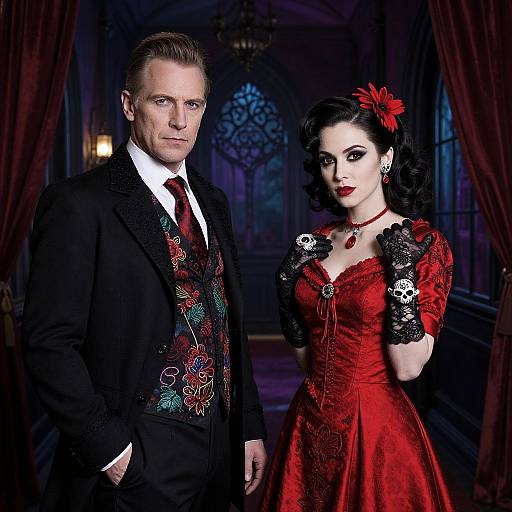 Photograph of a handsome man in a black suit with colorful floral vest, and a beautiful woman in a red lace dress and black gloves, standing in
