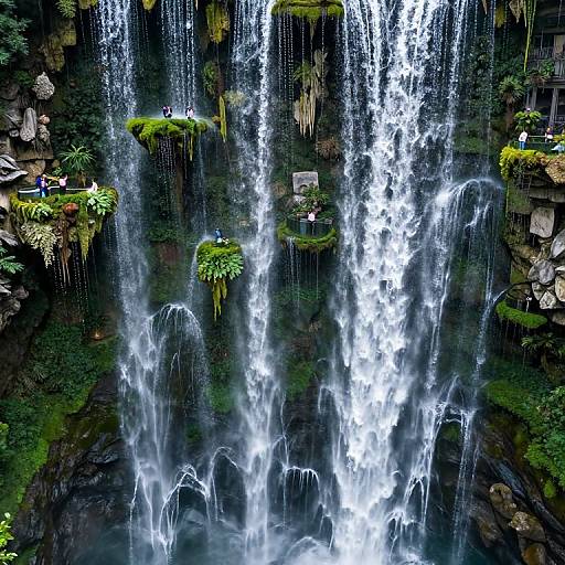 Photograph of a lush, multi-tiered waterfall with cascading white water, surrounded by green moss, ferns, and small wooden platforms.