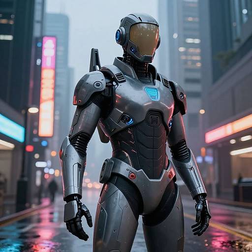 CGI image of a futuristic, silver humanoid robot with a reflective visor standing in a neon-lit, rainy city street.