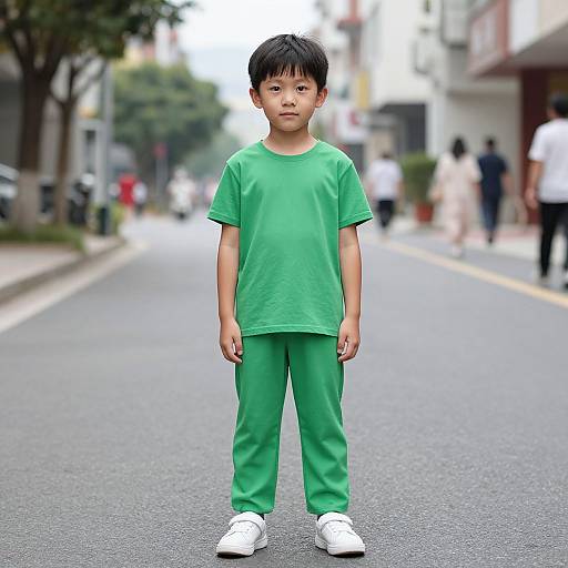 Photograph of a young Asian boy in a green shirt and pants, standing on a blurred urban street in white sneakers.