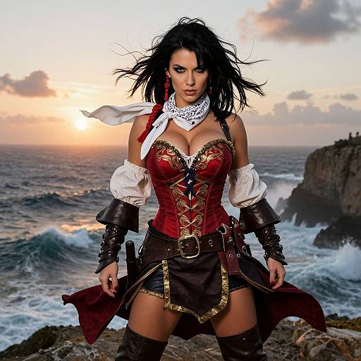 Photograph-style digital artwork of a fierce, dark-haired pirate woman with large breasts, red corset, white scarf, brown skirt, and thigh-high