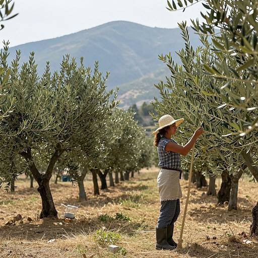 Woman Harvesting Olives in Mountains
