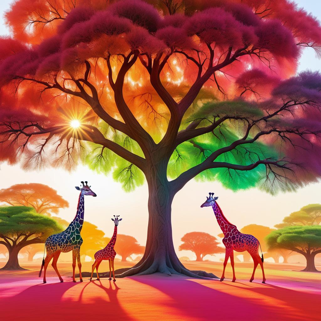 Vibrant Mystical Tree with Giraffes