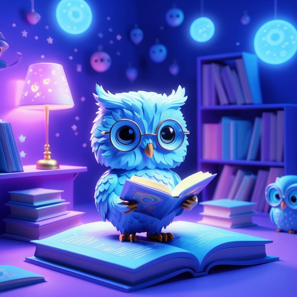 Whimsical Owl Reading in Cool Blues