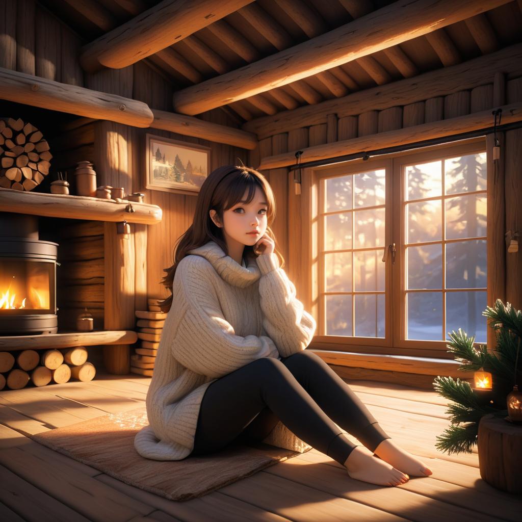 Cozy Cabin Reflections in Anime Style