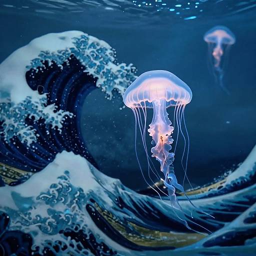 Photograph of a glowing jellyfish with translucent, flowing tentacles in front of a dynamic, wave-like blue and white underwater pattern.
