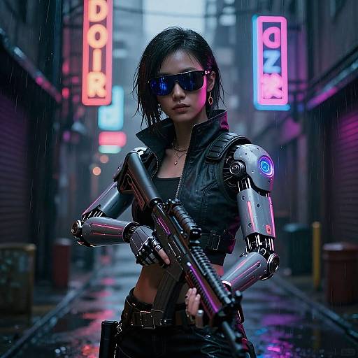 Cyberpunk woman in black leather, futuristic armor, holding gun, rain-soaked alley, neon signs, blue sunglasses, sci-fi, digital art