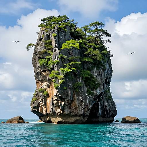 Photograph of a towering, rocky island with sparse green trees, surrounded by turquoise water, under a bright blue sky with scattered clouds. Birds fly around