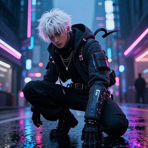 Cyberpunk street scene: White-haired, androgynous character in black hoodie and gloves, crouching on wet street, neon lights reflecting