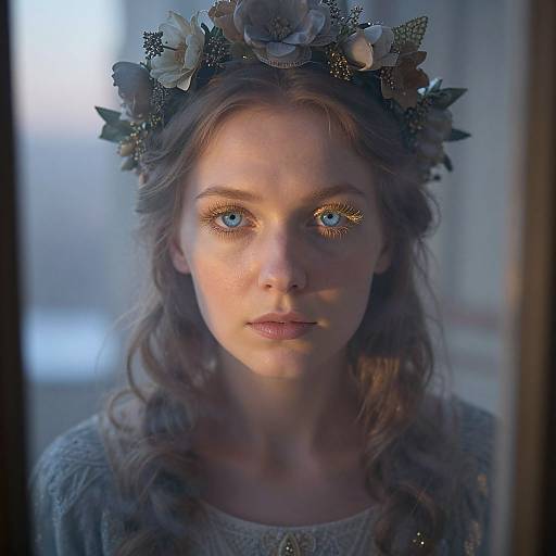 Photograph of a fair-skinned woman with blue eyes, wearing a floral crown and lace dress, softly lit from the side.
