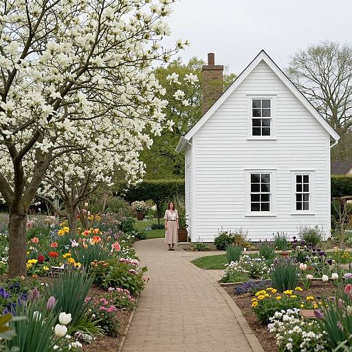 Photograph of a white, two-story house with a blooming cherry blossom tree and vibrant flower garden, a woman in a pink dress walks on the