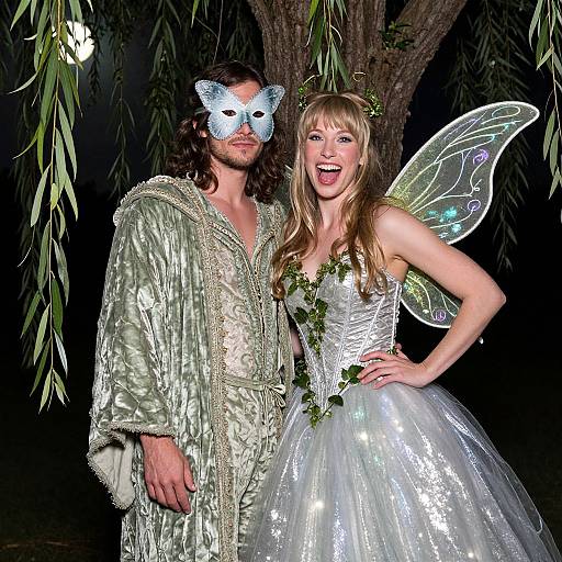 Photograph of a couple in fairy costumes: man in silver robe, woman in white dress with iridescent wings, both wearing blue butterfly masks,