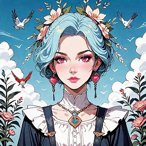 Fantasy Portrait of Woman with Blue Hair in Secret Garden