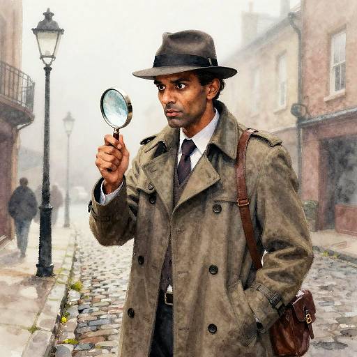 Photorealistic digital artwork: Black man in brown trench coat and fedora, holding magnifying glass, standing on foggy cobblestone street,