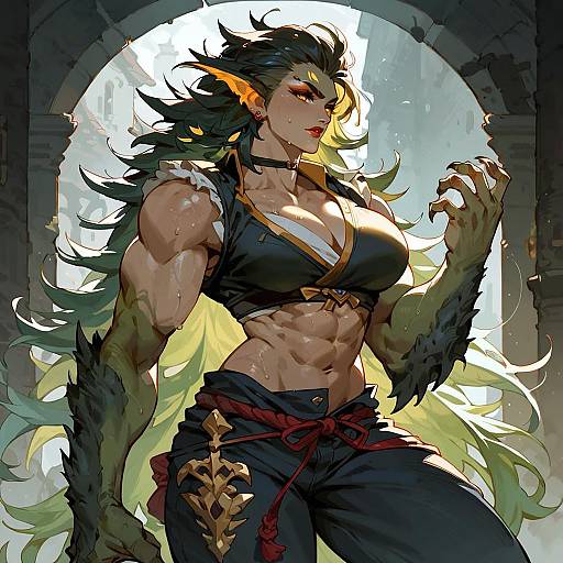 Green Werewolf Samurai in Dark Alley