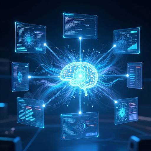 Digital art of glowing blue brain center connected by lines to floating holographic screens displaying data, set against a dark background.