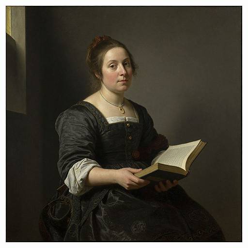 17th-century oil painting of a fair-skinned woman with dark hair, wearing a black dress and white sleeves, holding an open book, against a