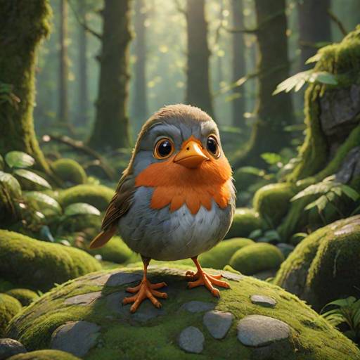 Cartoon Robin Bird on Mossy Forest Stump