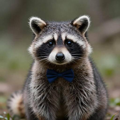 Photograph of a raccoon with black mask markings, wearing a blue bow tie, standing in a blurred forest background.