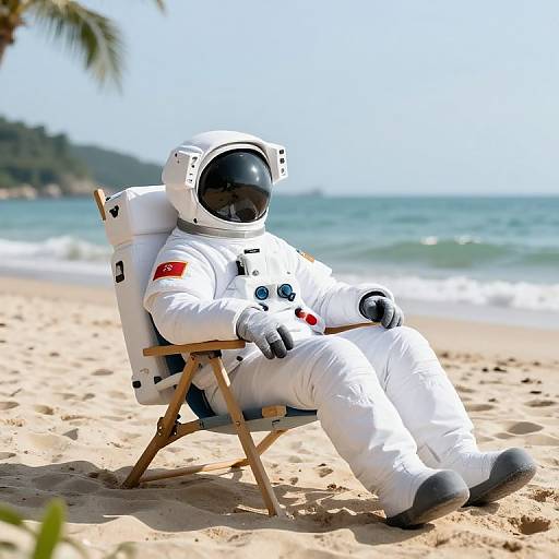 Photograph of an astronaut in a white spacesuit, reclining in a wooden beach chair on a sunny sandy beach with ocean waves and palm trees in